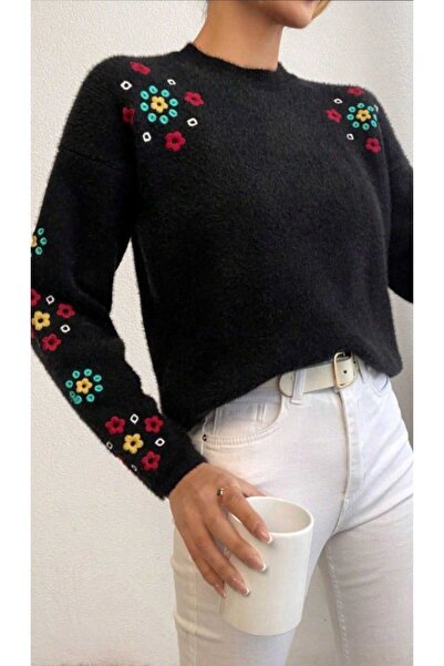 Azra Moda Style Tricotaj Pulover Broderie Motiv Floral Detaliu Femei