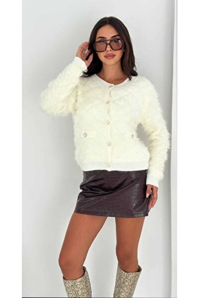 Azra Moda Style Knitwear Cardigan Diamond Pattern Soft Texture Beard Fabric Women