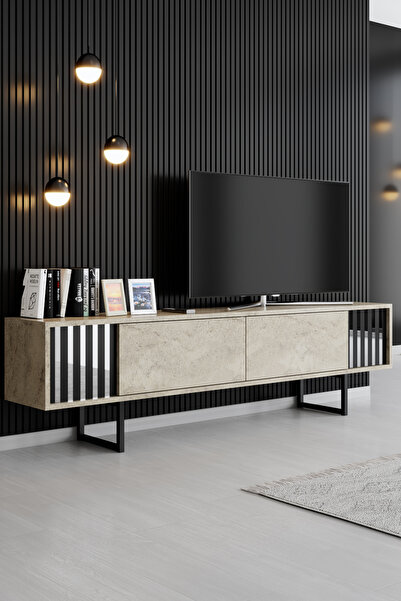 Modatte LİNE DUVAR ÜNİTESİ METAL AYAKLI TV ÜNİTESİ TRAVERTEN SİYAH