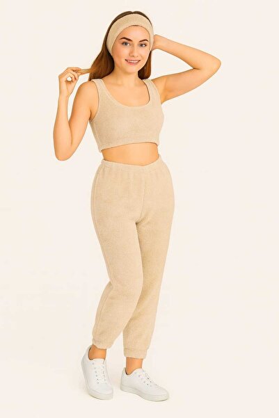 RO KİDS Women's 3-Piece Plush Fleece Pajama Set Sleeveless Strap Crop Top Long Bottom Hair Band Winter Wear