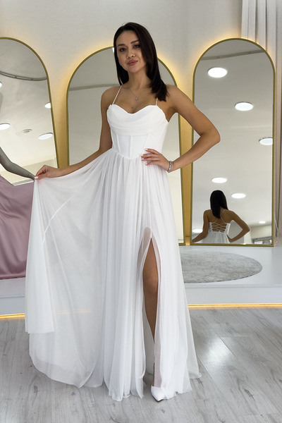 zks grup tekstil Women's White Strap Slit Detail Evening Dress