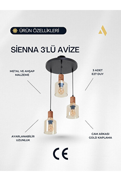 Alldesco Sienna 3’lü Cam Sarkıt Avize – Ahşap ve Gold Detay, Ayarlanabilir uzunluk, Siyah Tavan Tepsili