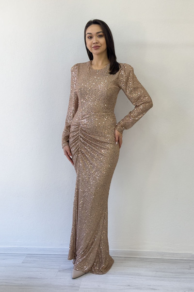 the ZKS Women's Gold Draped Long Sleeve Long Sequin Evening Dress Plus Size Optional