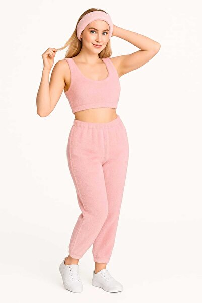 RO KİDS Women's 3-Piece Plush Fleece Pajama Set Sleeveless Strap Crop Top Long Bottom Hair Band Winter Wear
