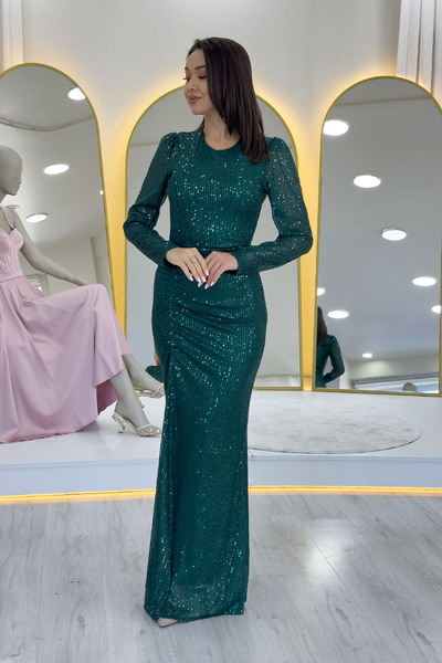 the ZKS Women's Emerald Green Draped Long Sleeve Long Sequin Evening Dress Plus Size Available