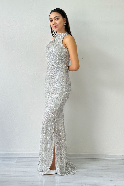 the ZKS Beige Halter Neck Sequin Tailed Evening Dress