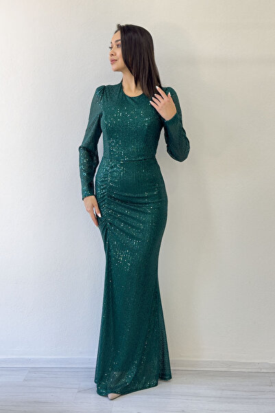 the ZKS Women's Emerald Green Draped Long Sleeve Long Sequin Evening Dress Plus Size Available
