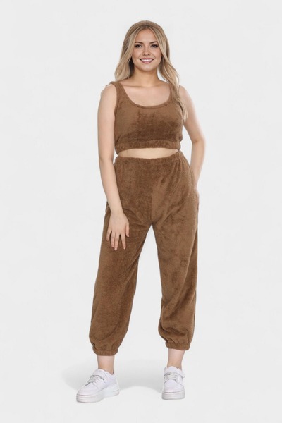 ROKİDS Women's 3-Piece Plush Fleece Pajama Set Sleeveless Strap Crop Top Long Bottom Hair Band Winter Wear