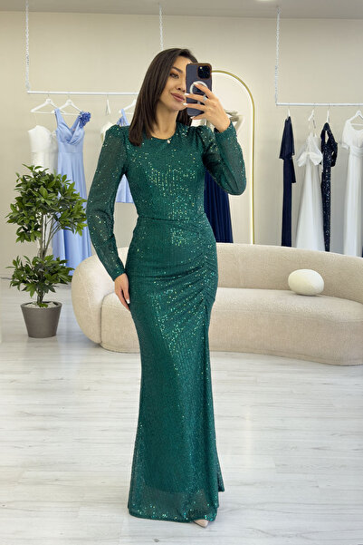 the ZKS Women's Emerald Green Draped Long Sleeve Long Sequin Evening Dress Plus Size Available
