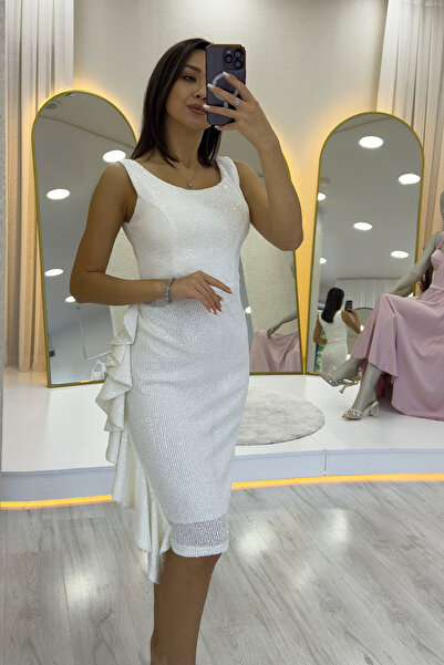 the ZKS White Sequin Thick Strap Midi Length Evening Dress with Ruffle Detail