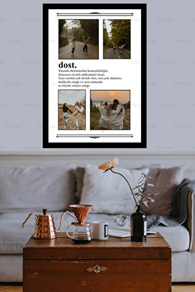 Öz Kupa Kişiye Özel Dost Tasarımlı Çerçeve Görünümlü 4 fotoğraflı Anı Gazetesi MDF Tablo