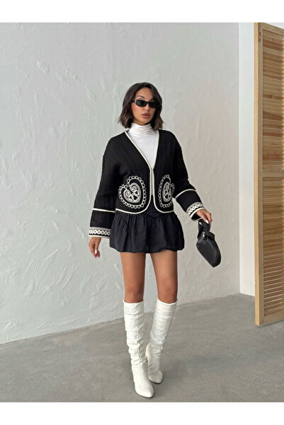 Caddebostan Moda Black Short Premium Luxury Trend Design Jacket with Thick Fa...