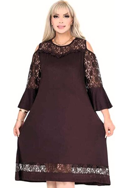 Kheos Round Neckline Skirt on the Chest and Lace Detail on the Sleeves Long Flared Sleeves with Shoulder Cutouts Stretchy Dress