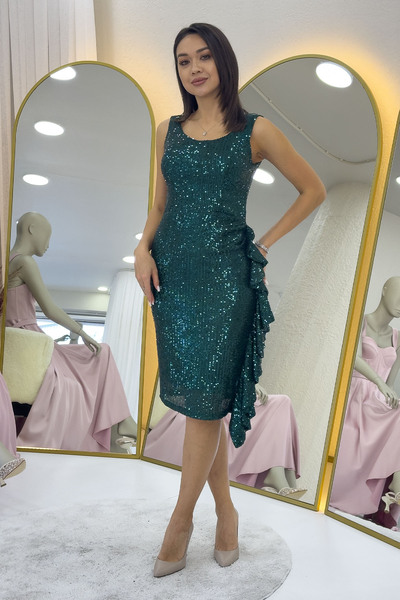 the ZKS Emerald Green Sequin Thick Strap Midi Length Ruffle Detailed Evening Dress