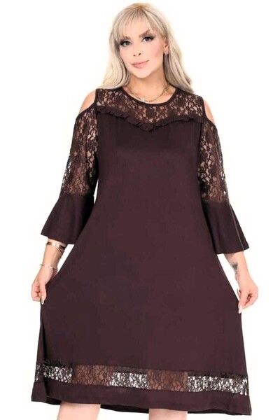 Kheos Round Neckline Skirt on the Chest and Lace Detail on the Sleeves Long Flared Sleeves with Shoulder Cutouts Stretchy Dress