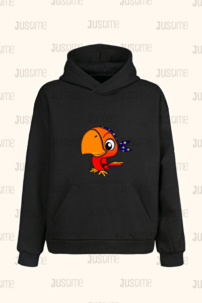 Justime سويت شيرت بقلنسوة بتصميم Bird Front Print للجنسين باللون الأسود مع جي...