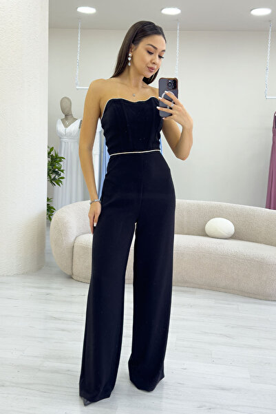 zks grup tekstil Women's Black Stone Detailed Strapless Jumpsuit