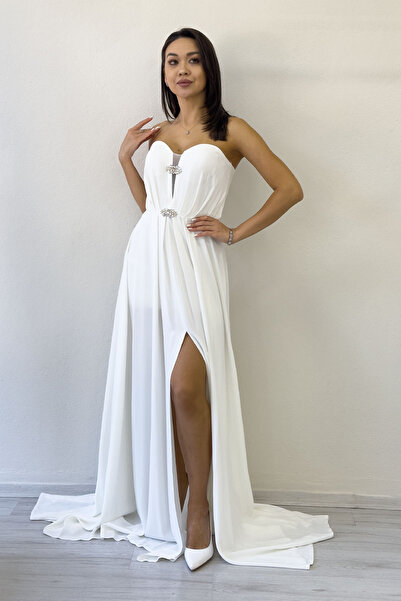 the ZKS Women's White Stone Bronch Detail Strapless Chiffon Slit Wedding Evening Dress