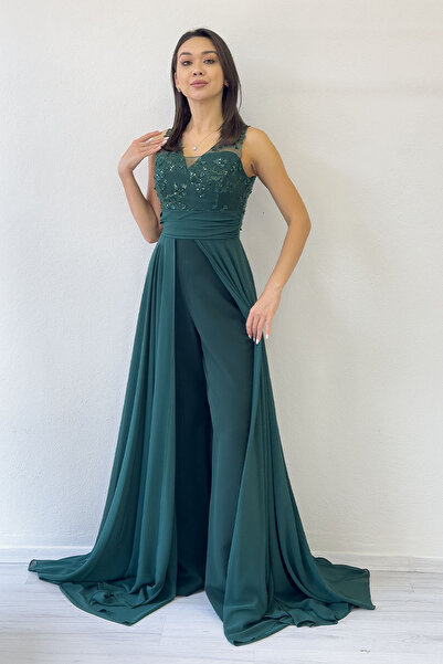 zks grup tekstil Green V-Neck Embroidered Tailed Evening Dress Jumpsuit