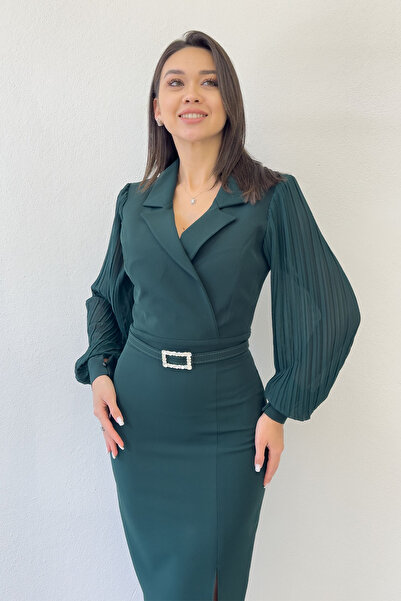 thezkscom Yeşil Kruvaze Yaka Kemerli Midi Boy Kalem Elbise