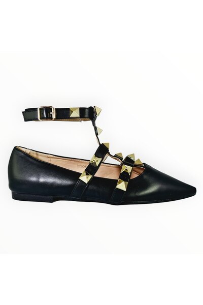 Fairy Pantofi Dama Balerini Piele Ecologica Neagra Tinte Aurii - Marimea 38 EU