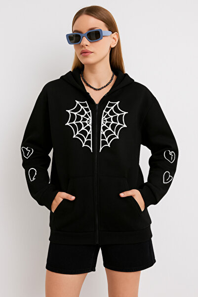CLASSY.MODA هودي نسائي بسحاب – سويت شيرت بنقشة شبكة العنكبوت والقلب