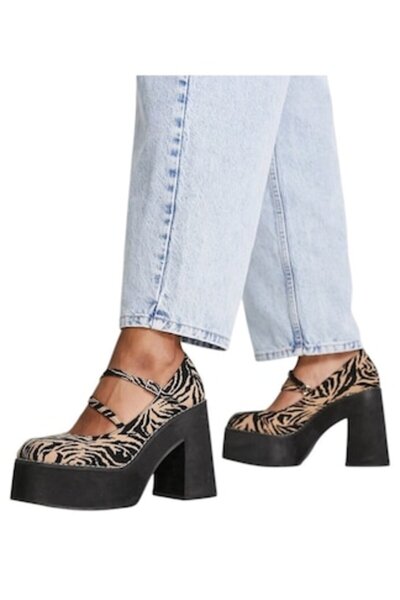 Asos Design Women's Shoes Mary Jane Synthetic Leather Brown Zebra Print Platform Demi-Wedges Size 37