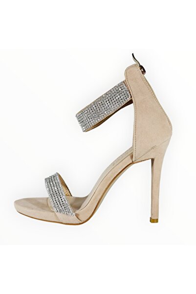 Secret Sandals with Stiletto Heel Suedette Beige Crystal Applications Size 40 EU