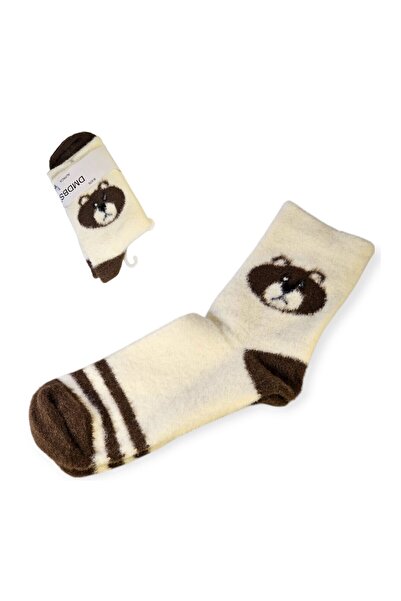Vadodara - Women's Socks, Alpaca Wool Blend Off-White with Brown Stripes and Teddy Bear, Size 36-41