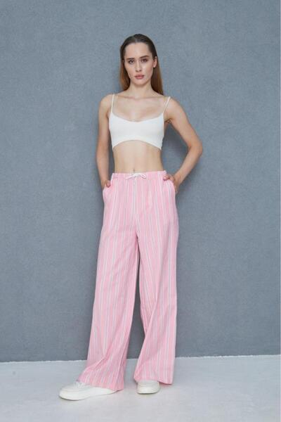 Pasaklı Giyim Women's Wide Leg Poplin Pants – Pockets, Lace-Up Waist, Ruffle Detail, Relaxed Fit 3757176