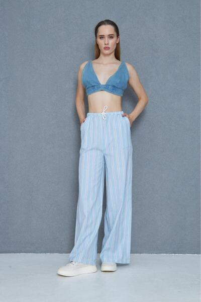 Pasaklı Giyim Women's Wide Leg Poplin Pants – Pockets, Lace-Up Waist, Ruffle Detail, Relaxed Fit 3757176