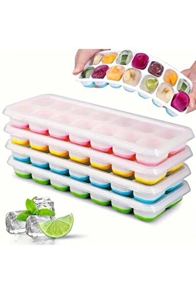 sui home 4 Adet 14'lü Silikon Kapaklı Bas Çıkart Silikon Tabanlı Buz Kalıbı