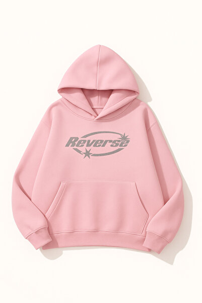 CLASSY.MODA Unisex Üç İplik Kapüşonlu Sweatshirt Reverse Baskılı Kanguru Cepl...