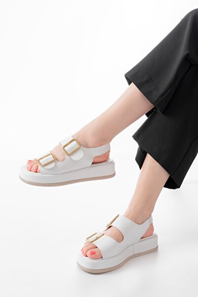 Budi 1187 White Wedge Heel Rubber Helmet Women's Sandals