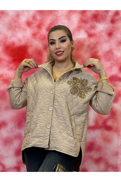 Yeşilmoda Quilted Jacket Plus Size Stone Embroidered, Button Front, High Back Cut, Spring V Autumn Women