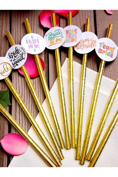 Armada 10 Adet Bride To Be Bekarlığa Veda Temalı Altın Gold Metalize Kağıt Pipet