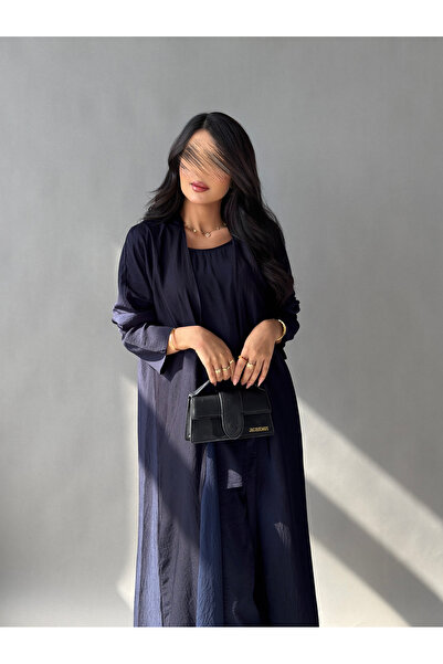 outline Three-piece summer navy blue abaya with a modern design made of washed silk