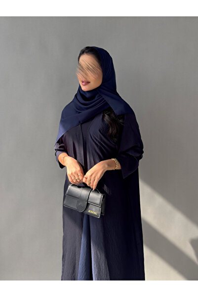 outline Three-piece summer navy blue abaya with a modern design made of washed silk
