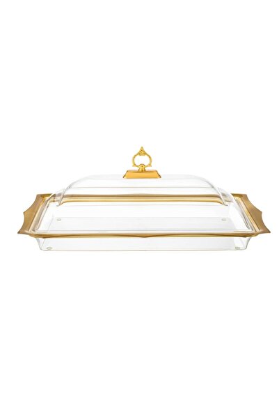 ORIAN صينية كيك مستطيلة من الأكريليك الشفاف والذهبي مع غطاء، مقاس 60*37 سم