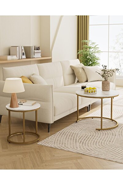 Türkiye Round Coffee Tables, Removable Set of 2 End Table, Nesting Tables with Gold Metal Frame Legs and Mar