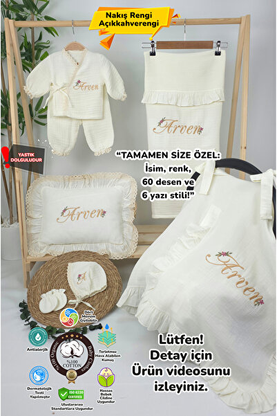 gros shop Müslin Yeni Doğan 4Katlı Organik %100Pamuk Kişiye Özgü Nakışlı Hast...