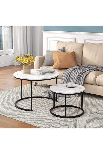 Türkiye HOJINLINERO Round Coffee Table Set of 2 Coffee Tables for Living Room, Circular and Marble Nesting C