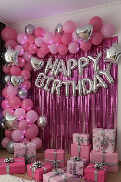 Baloncu Nene Silver Happy Birthday Foil Balloon Set Pink Silver Birthday Party Decorations