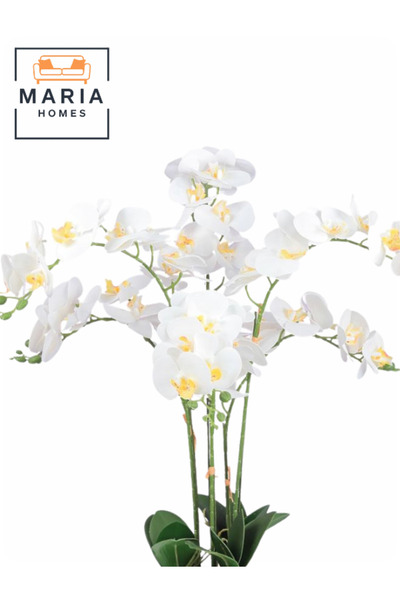 MARIA HOMES Artificial White Orchid 75 cm – 6-Stem Flower with Elegant Golden Round Pot