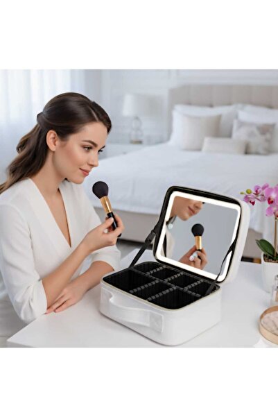 GIFT شنطه جلد لون ابيض مع ادراج ومرايه شحن