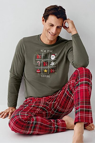 Arnetta YILBAŞI TEMALI %100 PAMUK UZUN KOLLU ALTI EKOSE DESEN ERKEK PİJAMA TAKIM