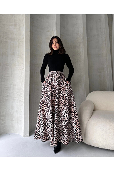 Genel Markalar Yüksek Bel Leopar Desenli Çan Etek