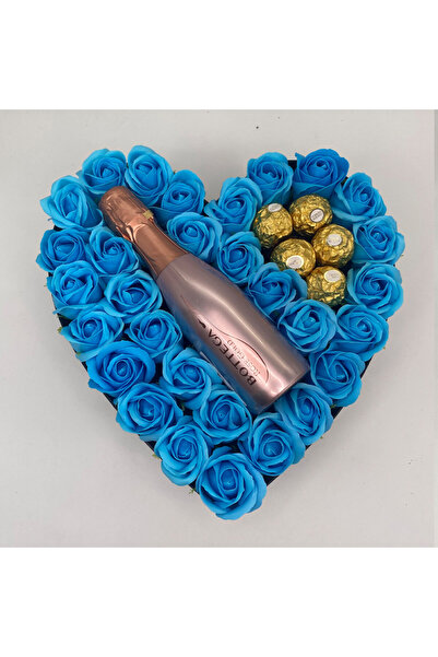 velve Aranjament floral Opulence,trandafiri de sapun,Prosecco Bottega Rose Gol, praline,Albastru deschis