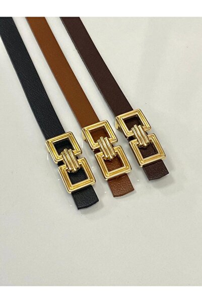 Kemerix 100% Genuine Leather Thin 3-Piece Set of Women's Belts with Gold Buckle