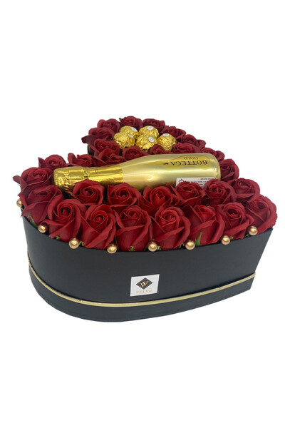 velve Aranjament floral Opulence,trandafiri de sapun,Prosecco Bottega Gold si praline,Rosu Inchis